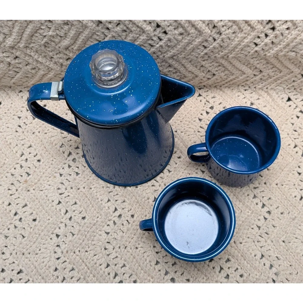 Vintage Blue Speckled Enamelware Coffee Percolator and 2 Mugs Camping Set